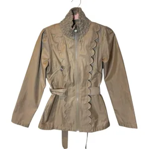 Betsey Johnson Rain Coat Jacket Small Khaki Ruffle Scalloped Collar Zip Tie Back