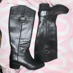 BLACK RIDING BOOTS 7 Alfani Silver Calf Knee Fall Casual Dressy Neutral Leather