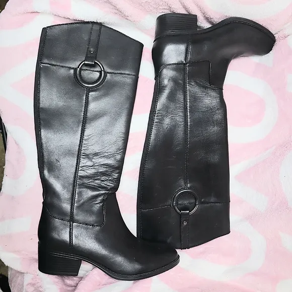 BLACK RIDING BOOTS 7 Alfani Silver Calf Knee Fall Casual Dressy Neutral Leather