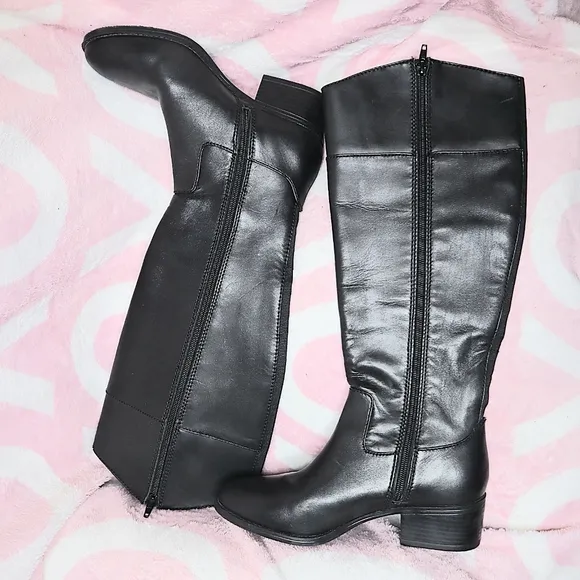 BLACK RIDING BOOTS 7 Alfani Silver Calf Knee Fall Casual Dressy Neutral Leather