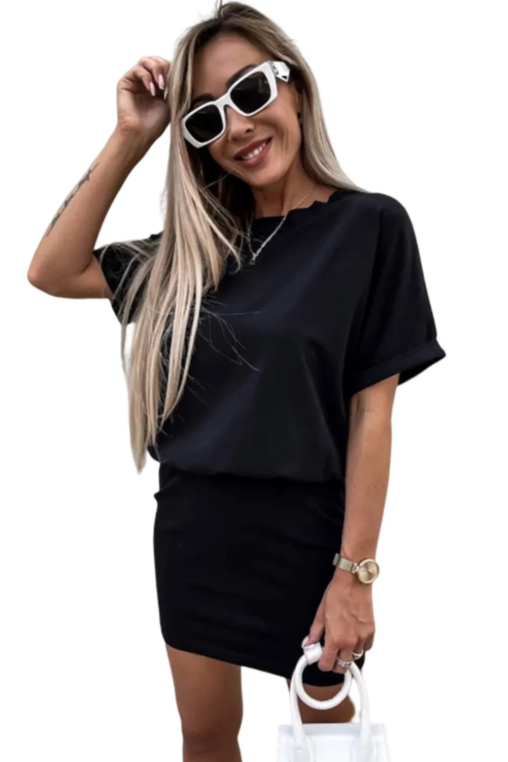 Black Solid Color High Waist Short Sleeve Active Mini Dress
