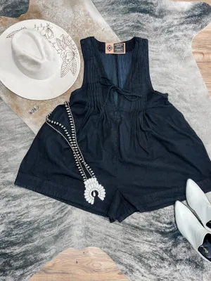 Front Pleated V Neck Sleeveless Denim Romper