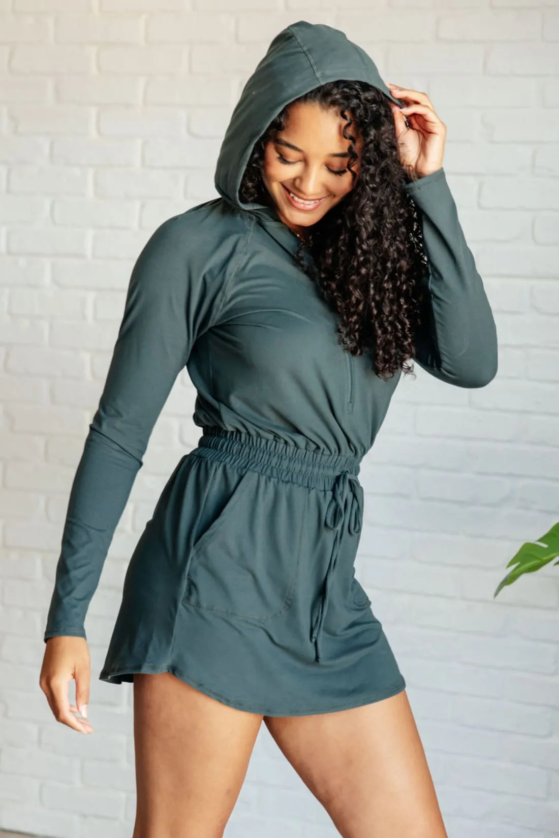 Getting Out Long Sleeve Hoodie Skort Romper in Smoked Spruce