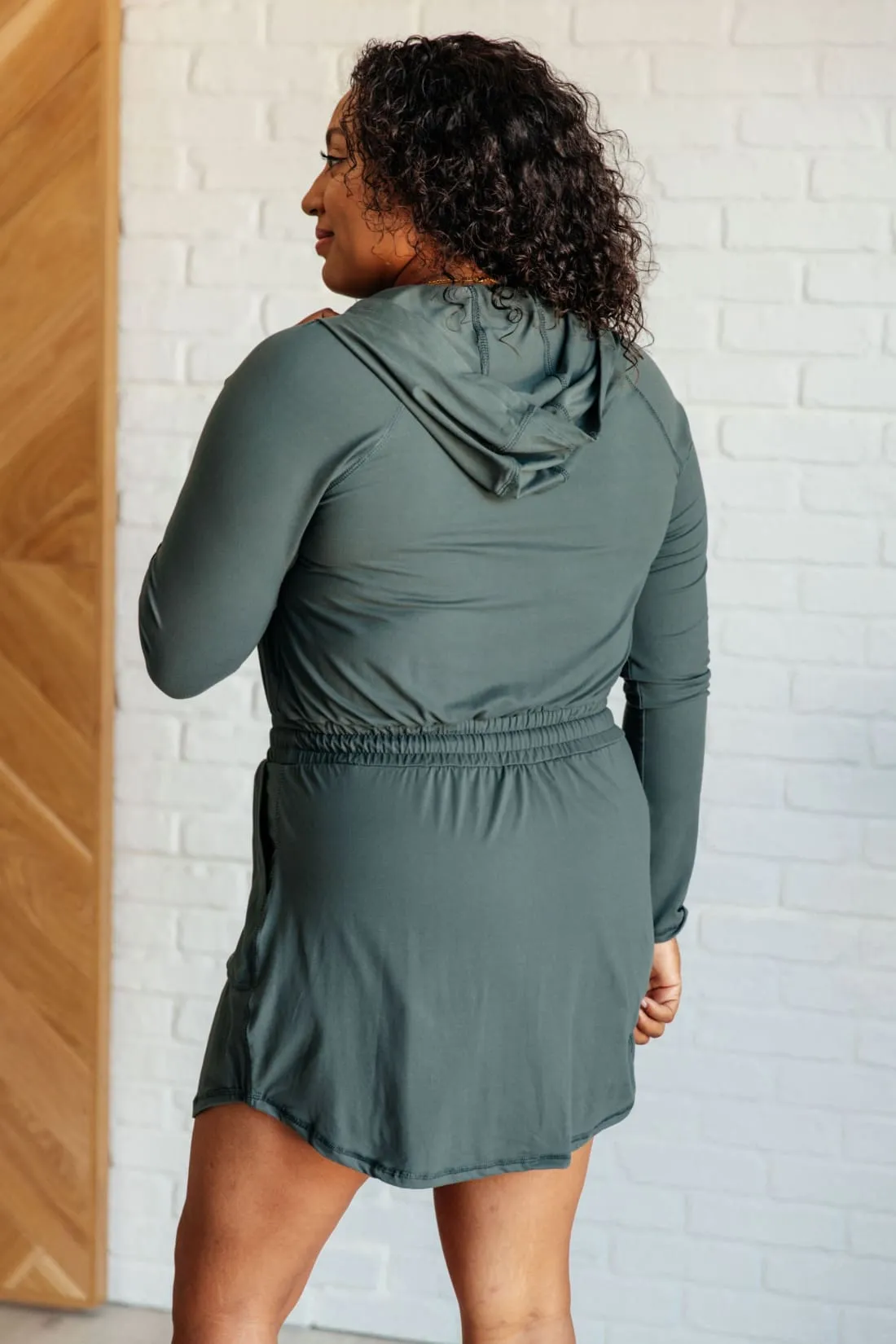 Getting Out Long Sleeve Hoodie Skort Romper in Smoked Spruce
