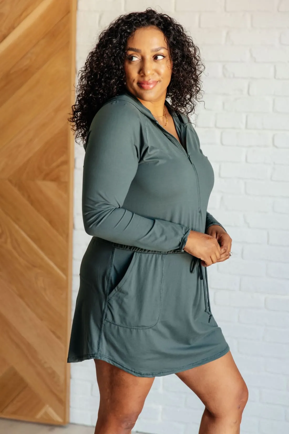 Getting Out Long Sleeve Hoodie Skort Romper in Smoked Spruce