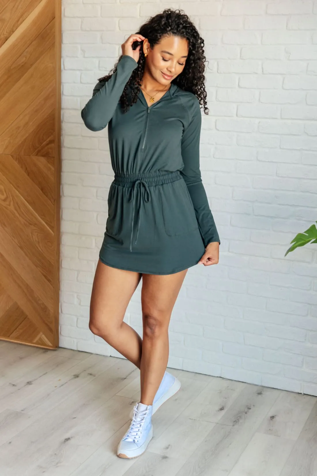 Getting Out Long Sleeve Hoodie Skort Romper in Smoked Spruce