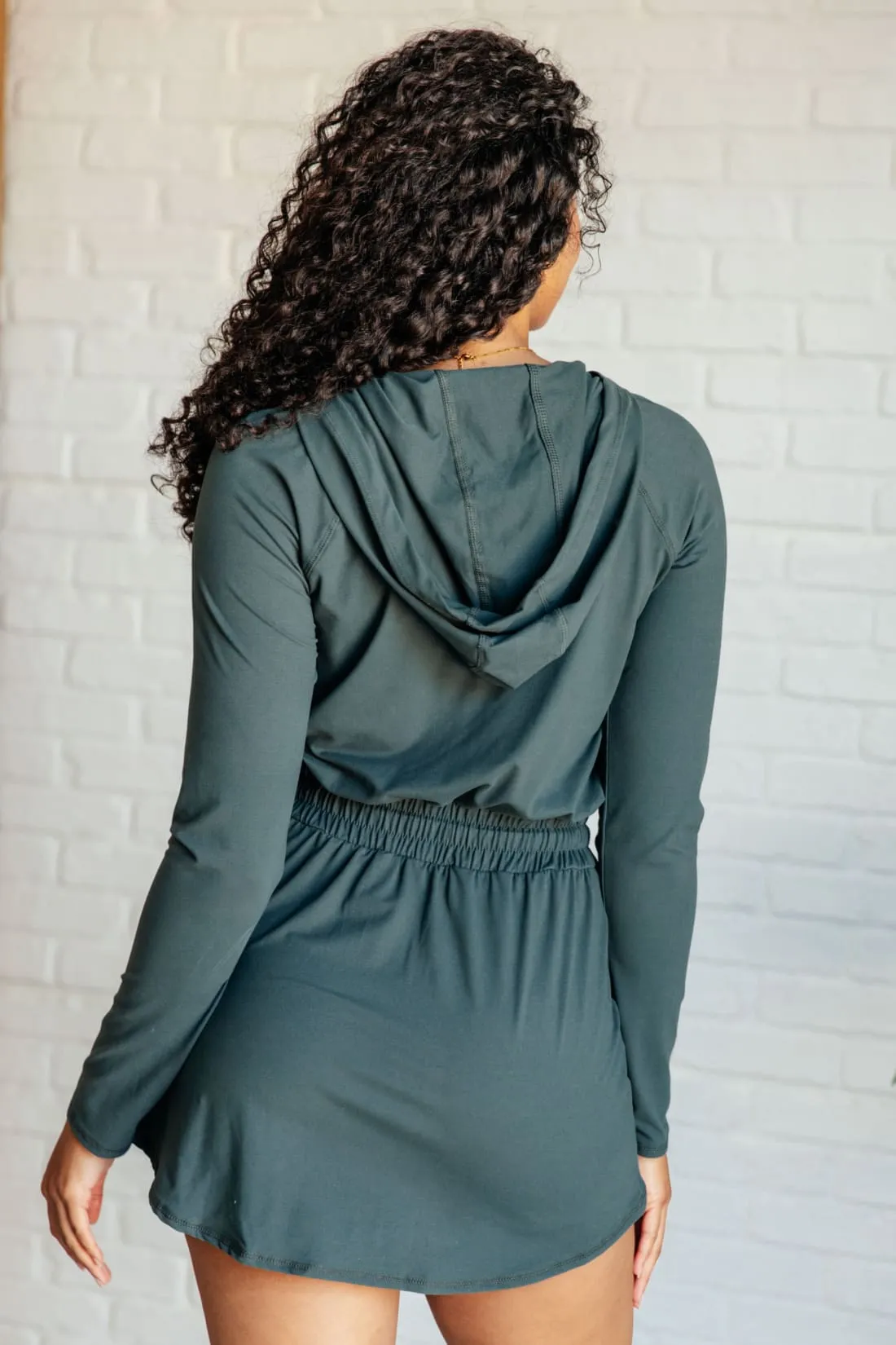 Getting Out Long Sleeve Hoodie Skort Romper in Smoked Spruce