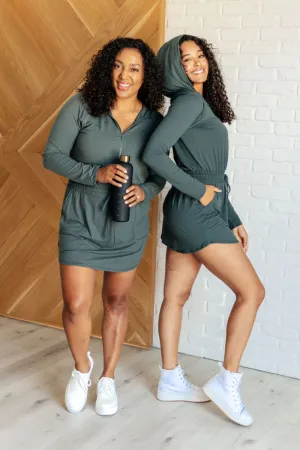 Getting Out Long Sleeve Hoodie Skort Romper in Smoked Spruce