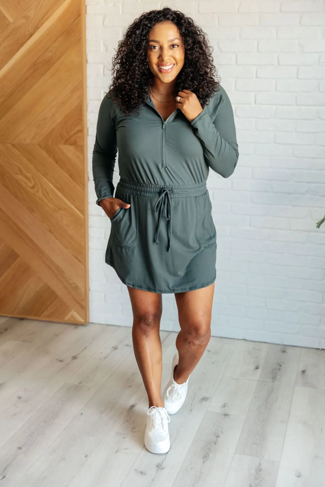 Getting Out Long Sleeve Hoodie Skort Romper in Smoked Spruce