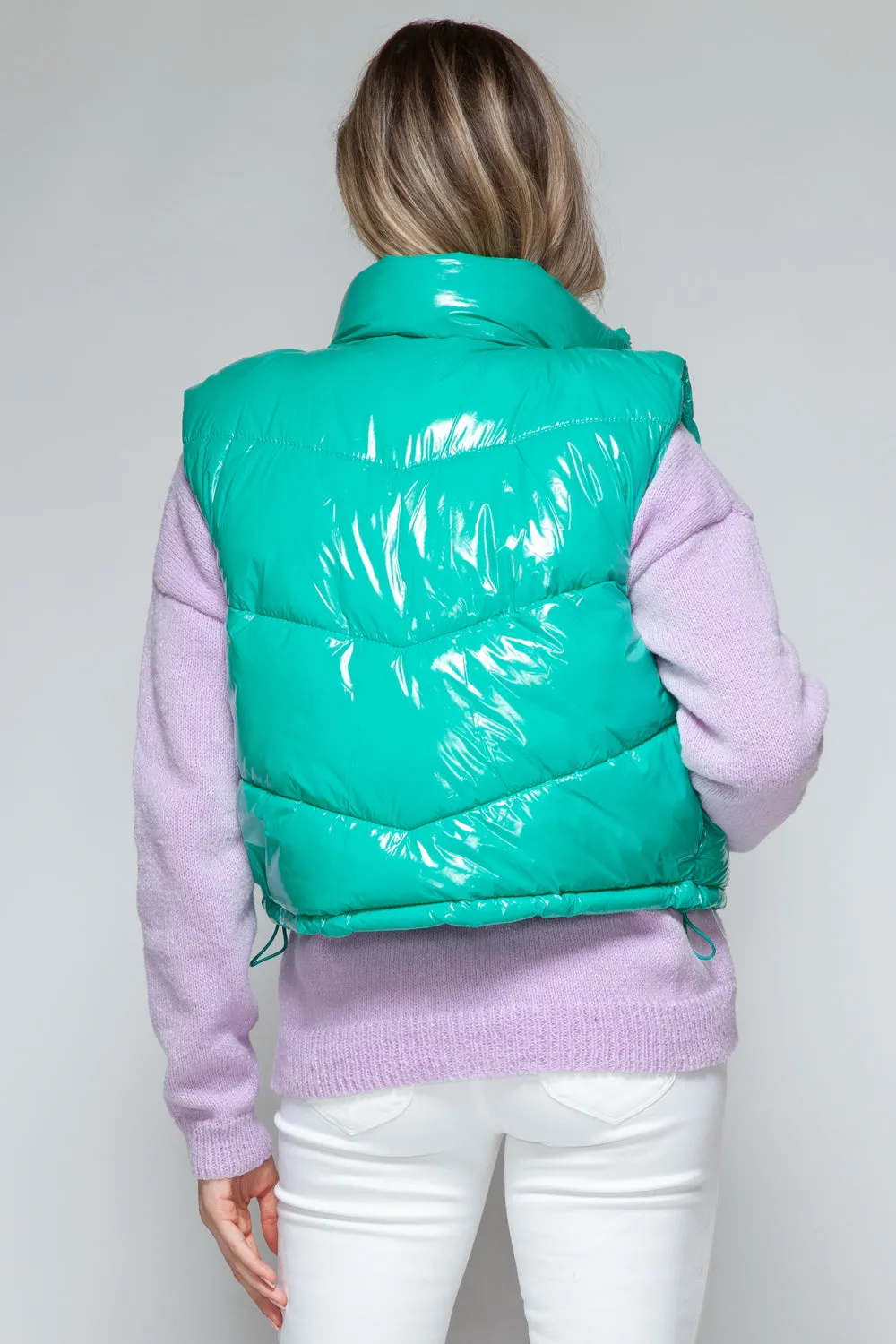 Green Zip Up Turtleneck Shiny Quilted Vest