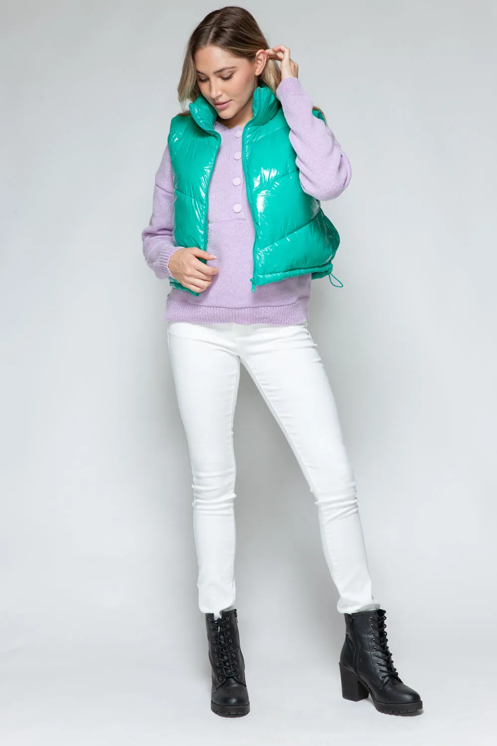 Green Zip Up Turtleneck Shiny Quilted Vest