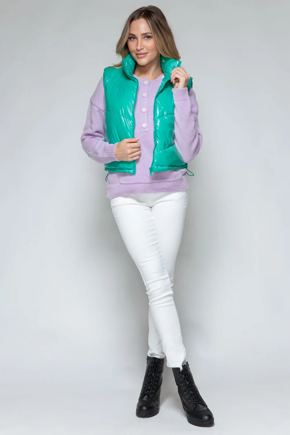 Green Zip Up Turtleneck Shiny Quilted Vest