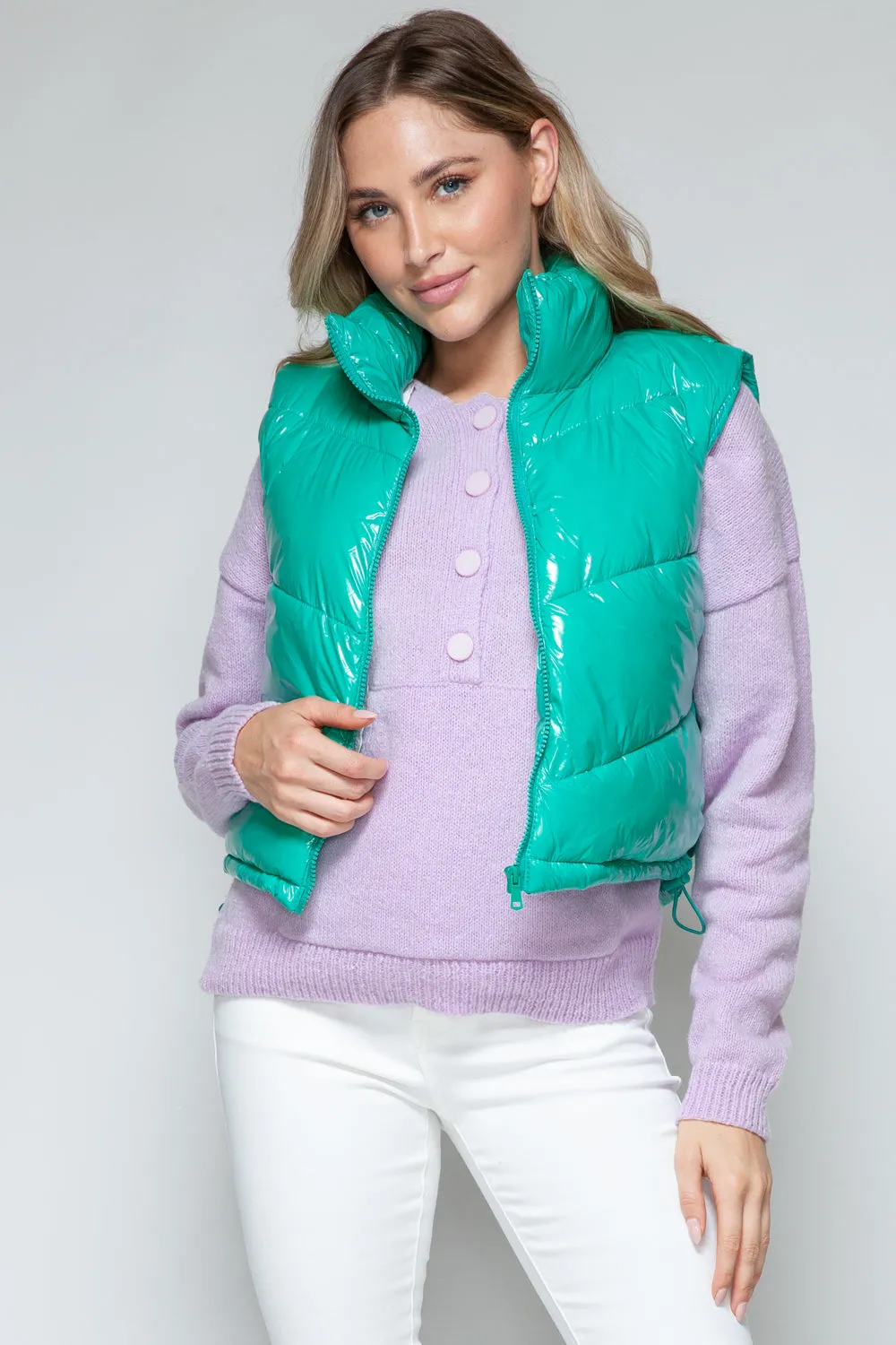 Green Zip Up Turtleneck Shiny Quilted Vest