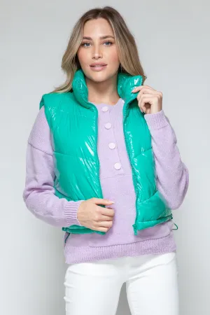 Green Zip Up Turtleneck Shiny Quilted Vest