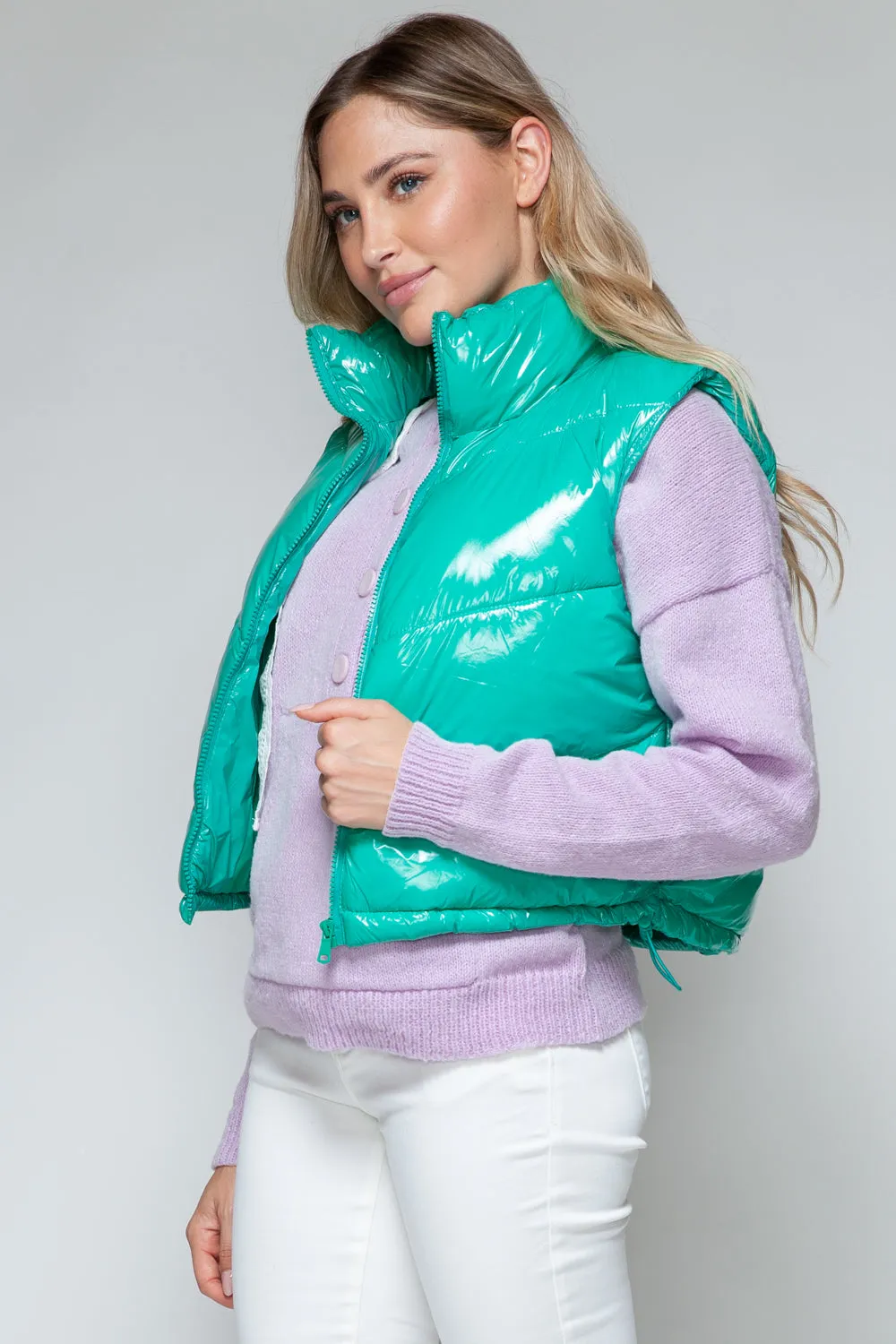Green Zip Up Turtleneck Shiny Quilted Vest