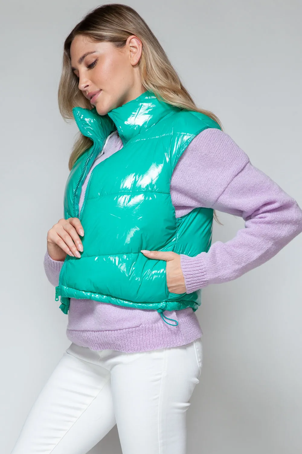 Green Zip Up Turtleneck Shiny Quilted Vest