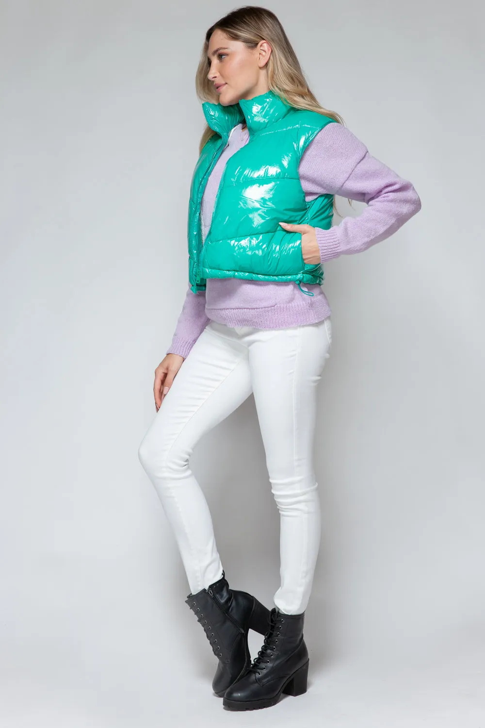 Green Zip Up Turtleneck Shiny Quilted Vest