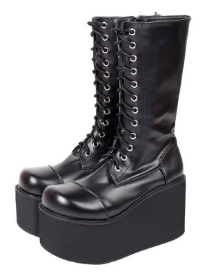 Harajuku Fashion Lolita Mid Calf Boots Black Round Toe Wedge Heel PU Leather Lolita Footwear