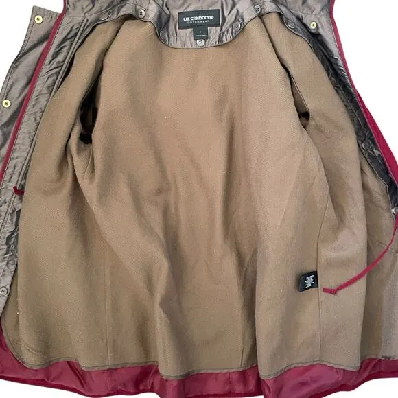 Liz Claiborne Outerwear Rain Coat Women M Maroon Water Resistant Parka Classic
