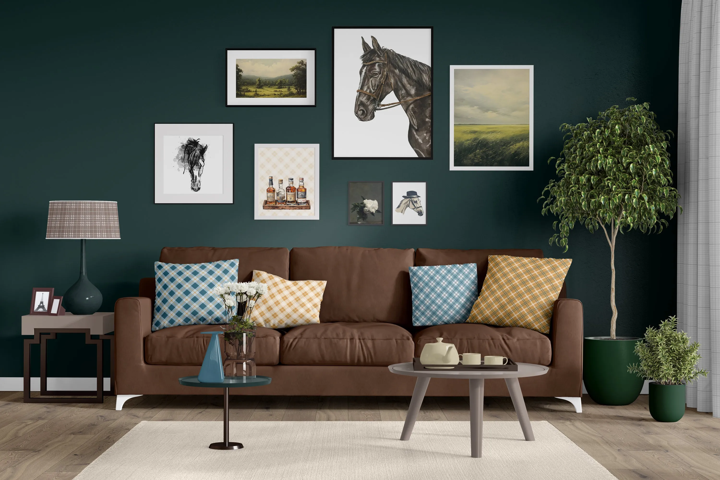 Lucky Horseshoe Archival Art Print with Blue Plaid Background | Horse   Whiskey Collection