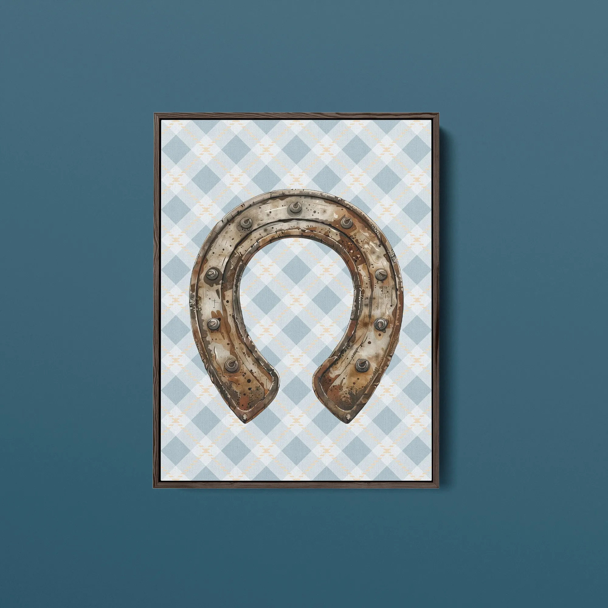 Lucky Horseshoe Archival Art Print with Blue Plaid Background | Horse   Whiskey Collection