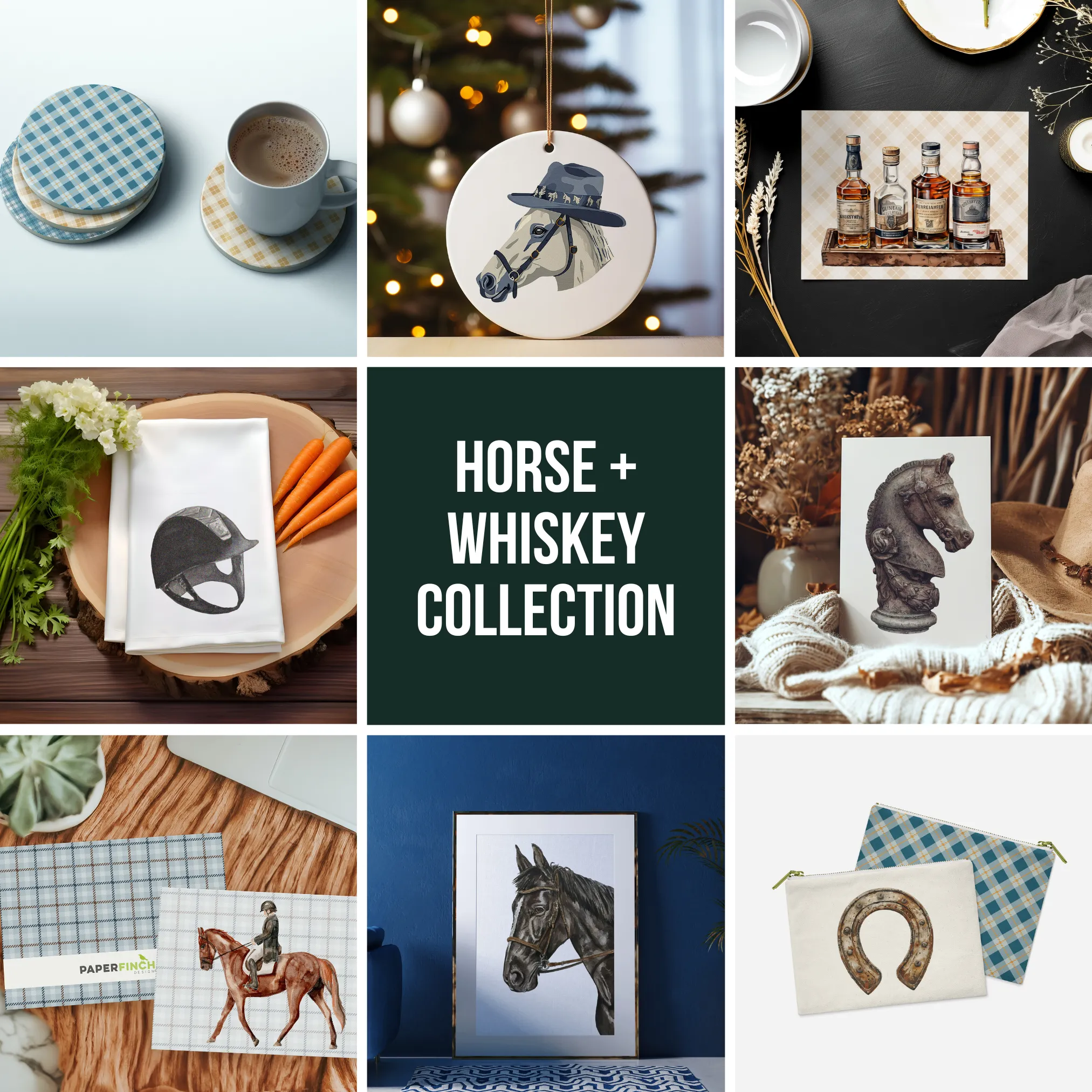 Lucky Horseshoe Archival Art Print with Blue Plaid Background | Horse   Whiskey Collection
