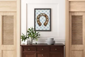 Lucky Horseshoe Archival Art Print with Blue Plaid Background | Horse   Whiskey Collection