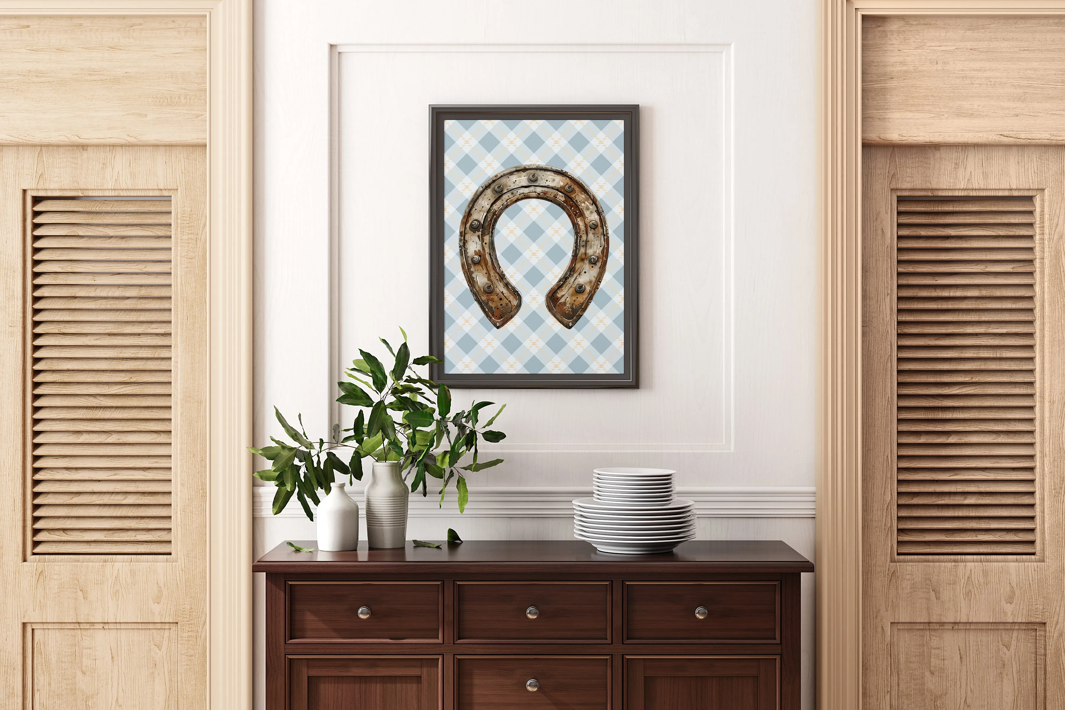 Lucky Horseshoe Archival Art Print with Blue Plaid Background | Horse   Whiskey Collection