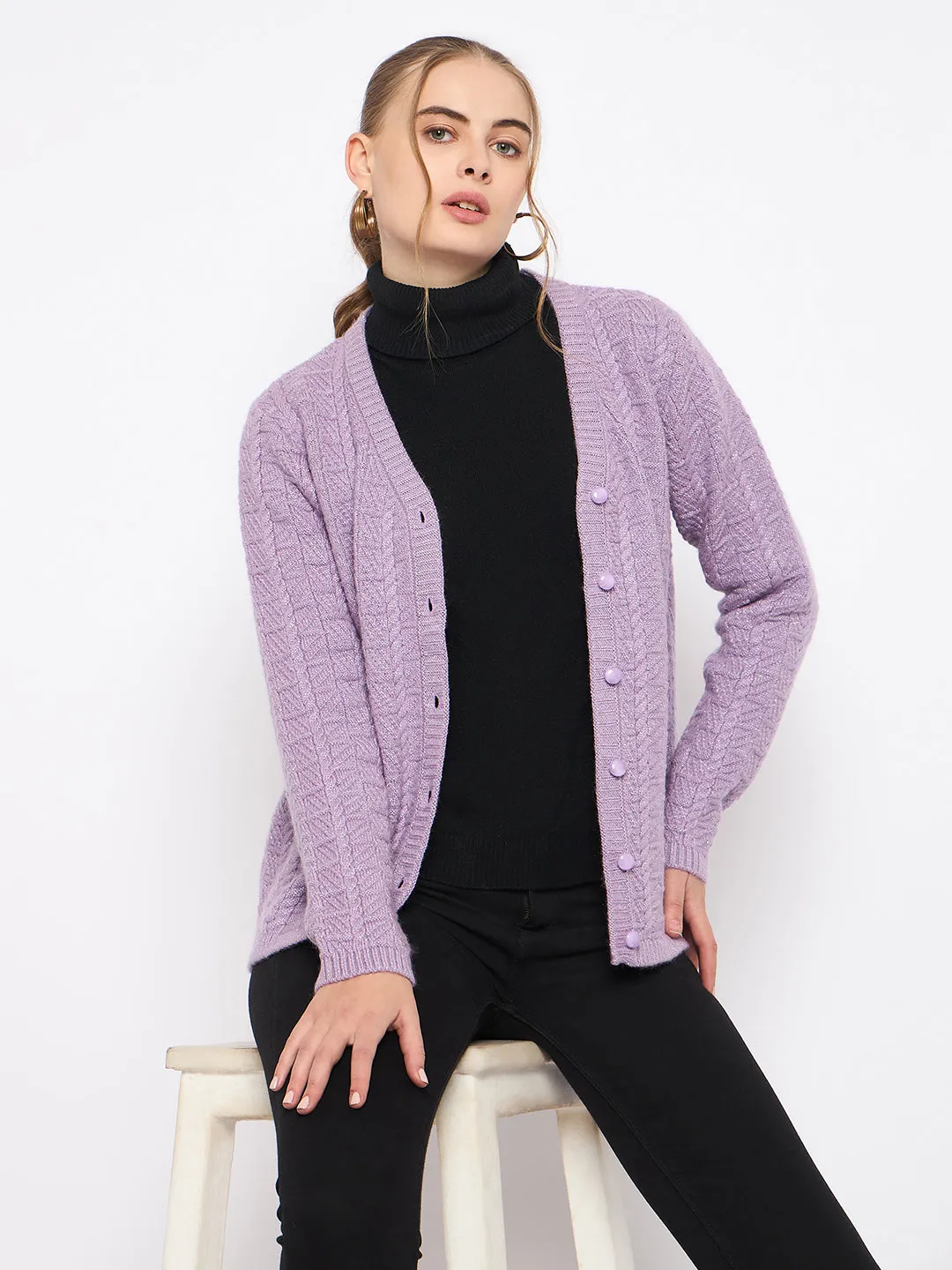 Madame Cable Knit V- Neck Buttoned Lilac Cardigan