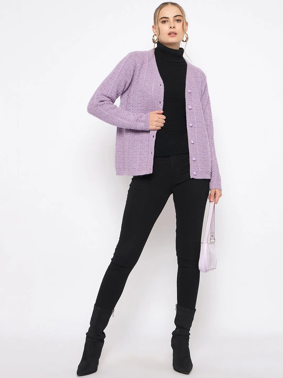 Madame Cable Knit V- Neck Buttoned Lilac Cardigan