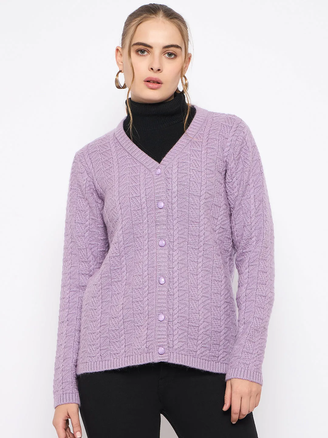 Madame Cable Knit V- Neck Buttoned Lilac Cardigan