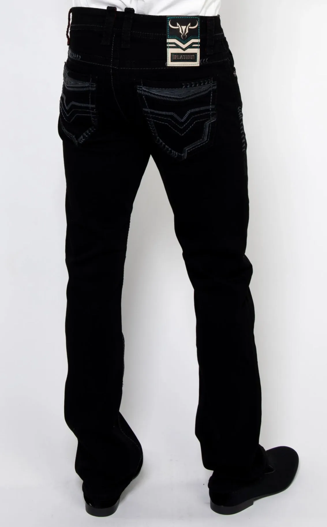 Men’s Platini Gray Embroidered Black Slim Boot Cut Jeans