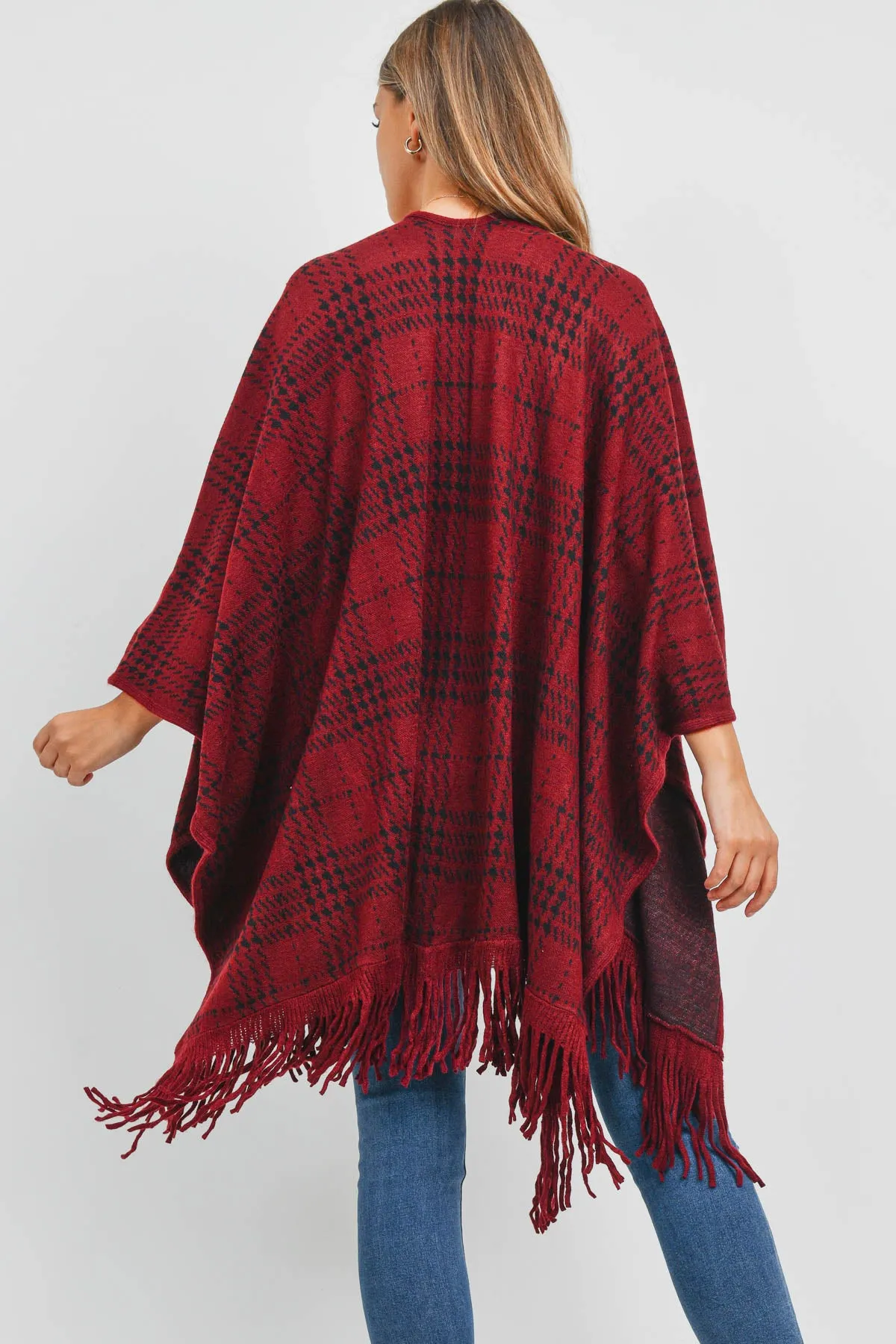 PN345X007J3 - RED BUFFALO PLAID FRINGE OPEN FRONT KIMONO