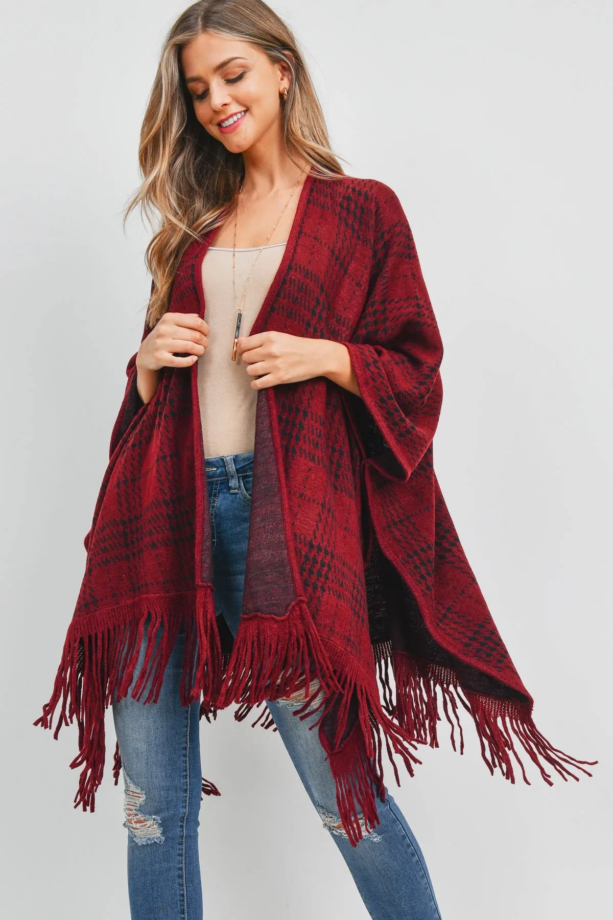 PN345X007J3 - RED BUFFALO PLAID FRINGE OPEN FRONT KIMONO