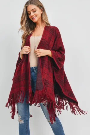 PN345X007J3 - RED BUFFALO PLAID FRINGE OPEN FRONT KIMONO