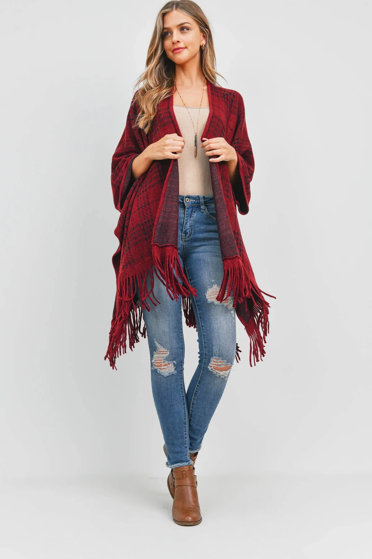 PN345X007J3 - RED BUFFALO PLAID FRINGE OPEN FRONT KIMONO