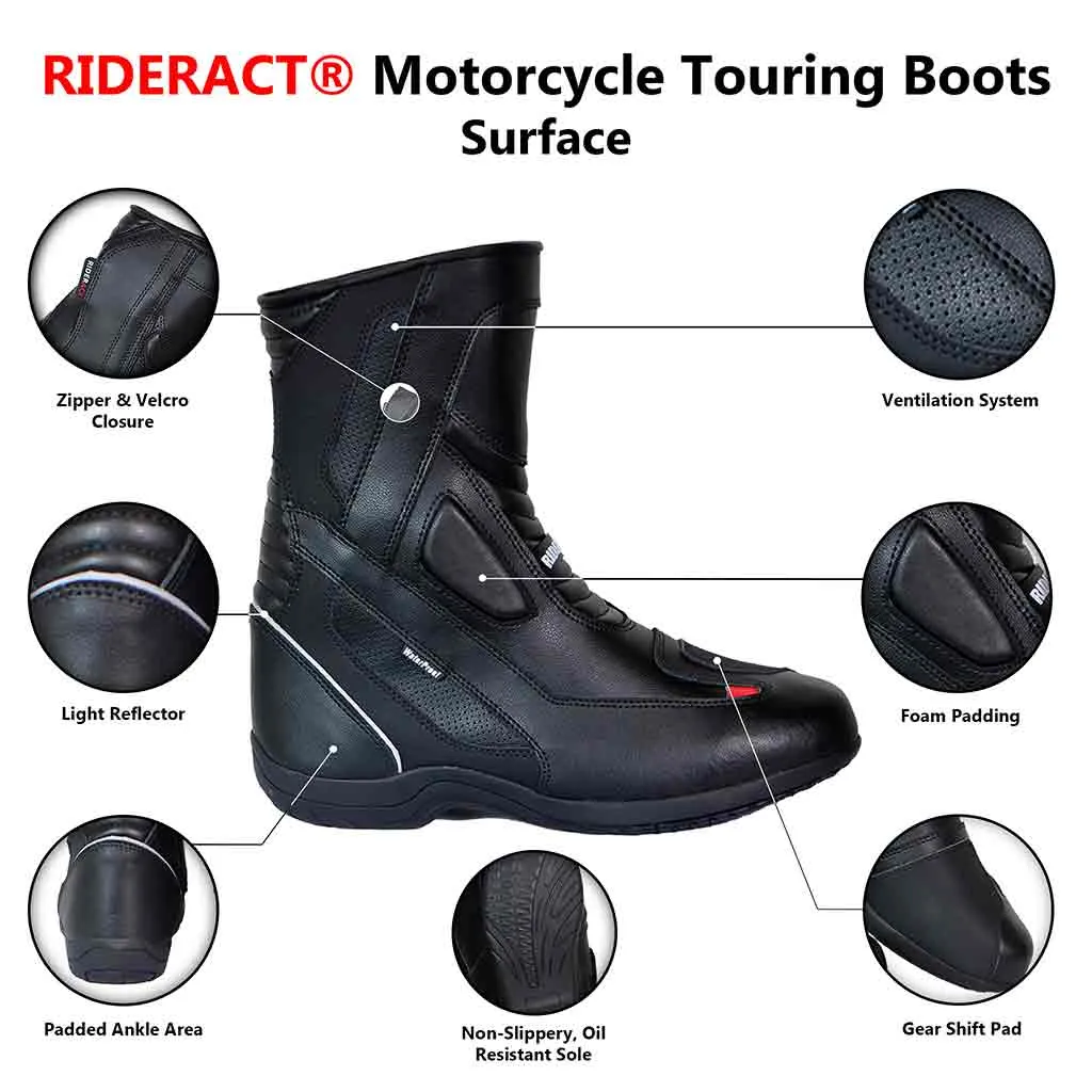 RIDERACT® Men’s Waterproof Motorcycle Boots Black Surface Touring Boots