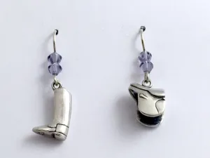 Sterling Silver English Saddle and Riding Boot dangle earrings-Horse, equestrian