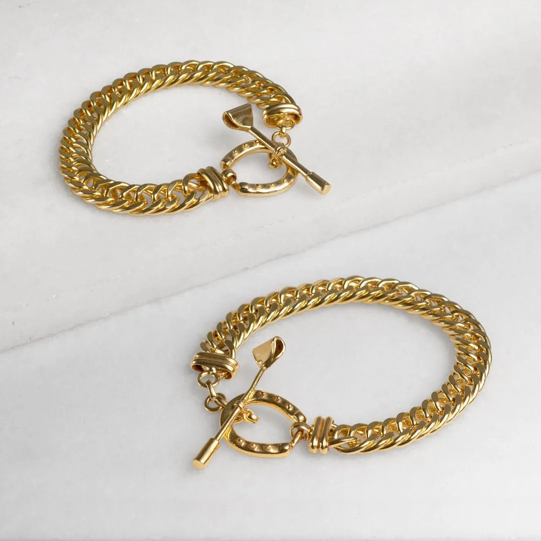T Bar Curb Chain Horseshoe Buckle Clasp 14K Gold Plated Brass Bracelet