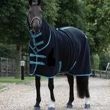 TKPF3022-BKTQ-72"-Blk/Teal Full Neck Blanket w/ Leg Straps & Inside Circingle