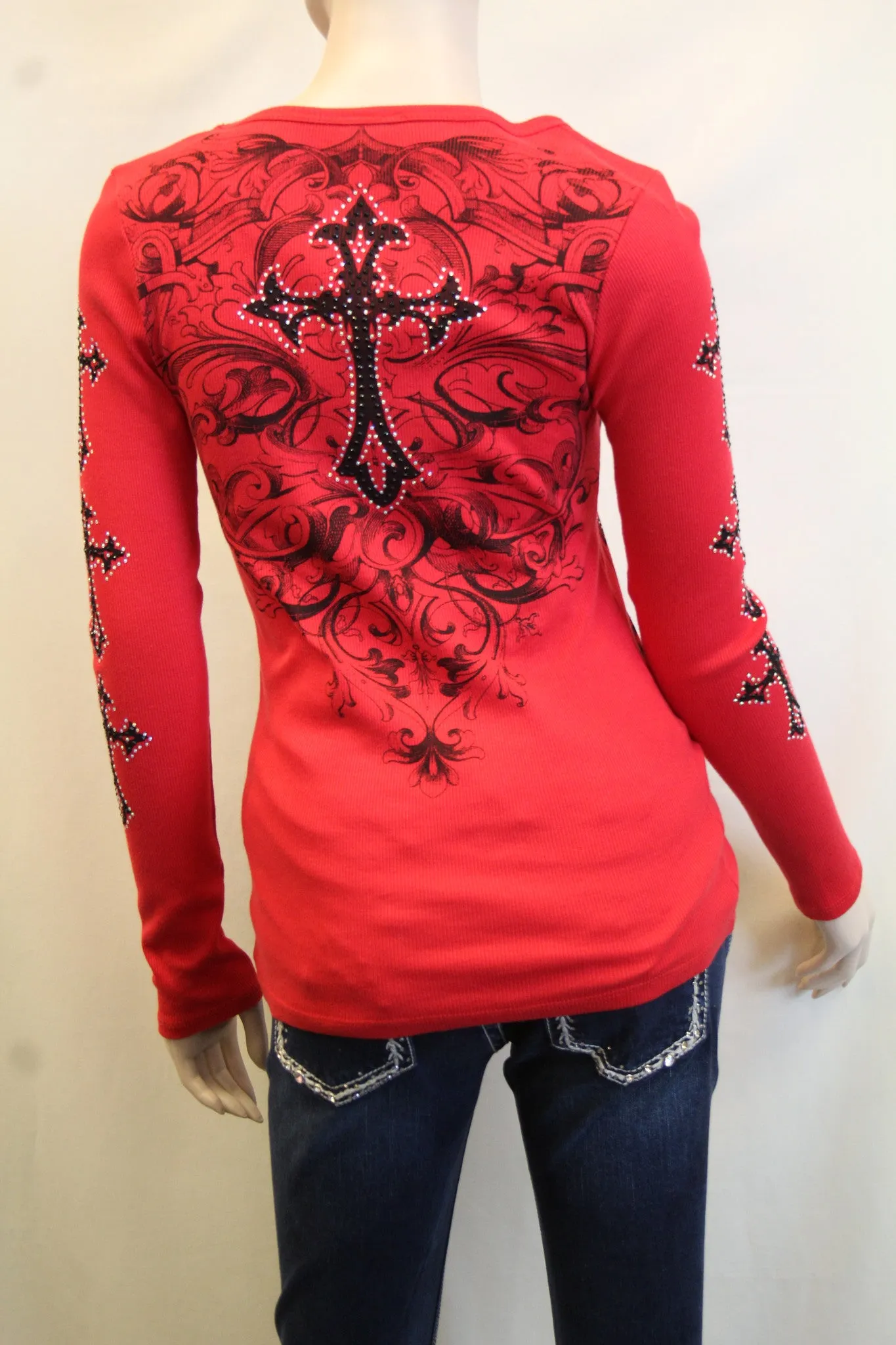 Vocal | Red Long Sleeve Thermal with Cross and Rhinestones Top