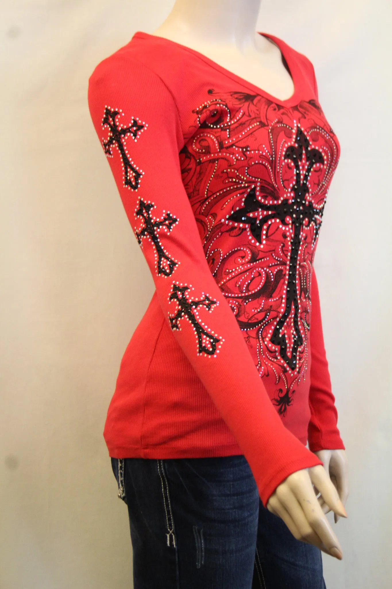 Vocal | Red Long Sleeve Thermal with Cross and Rhinestones Top