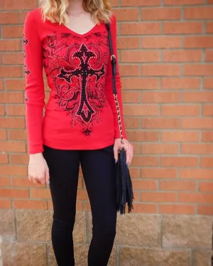 Vocal | Red Long Sleeve Thermal with Cross and Rhinestones Top