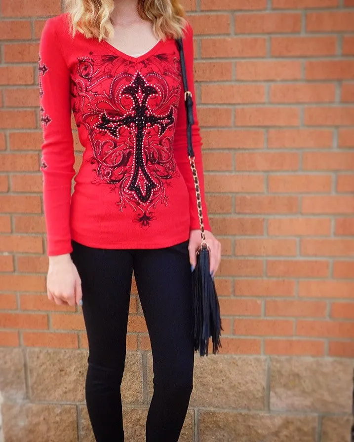 Vocal | Red Long Sleeve Thermal with Cross and Rhinestones Top