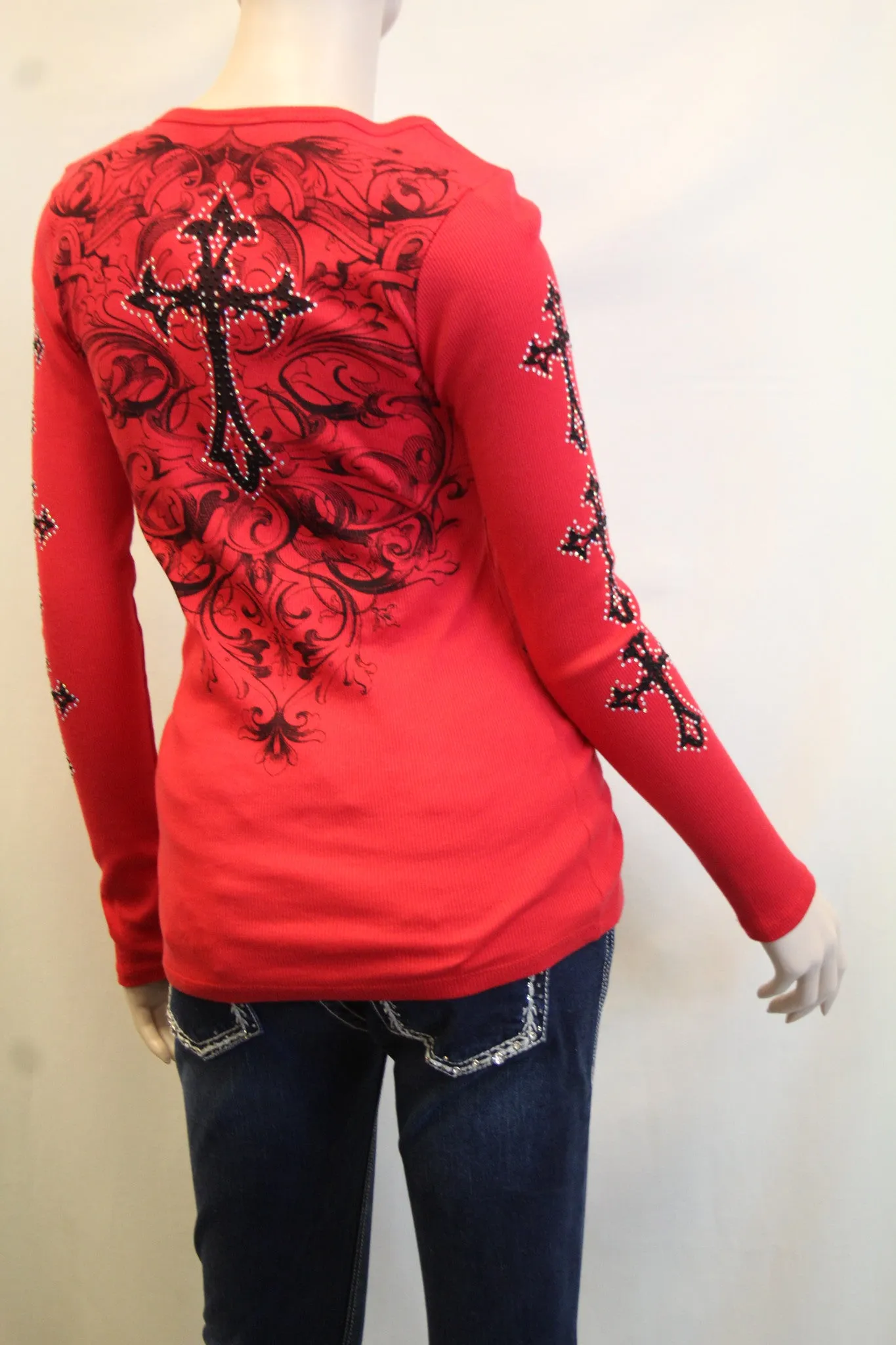 Vocal | Red Long Sleeve Thermal with Cross and Rhinestones Top