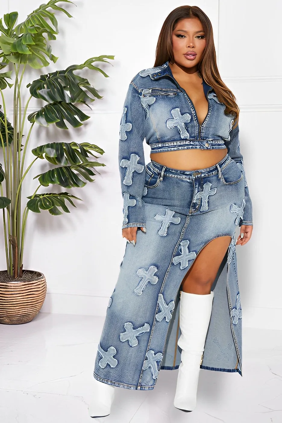 Women’s Embroidered Washed Denim Skirt Top Set