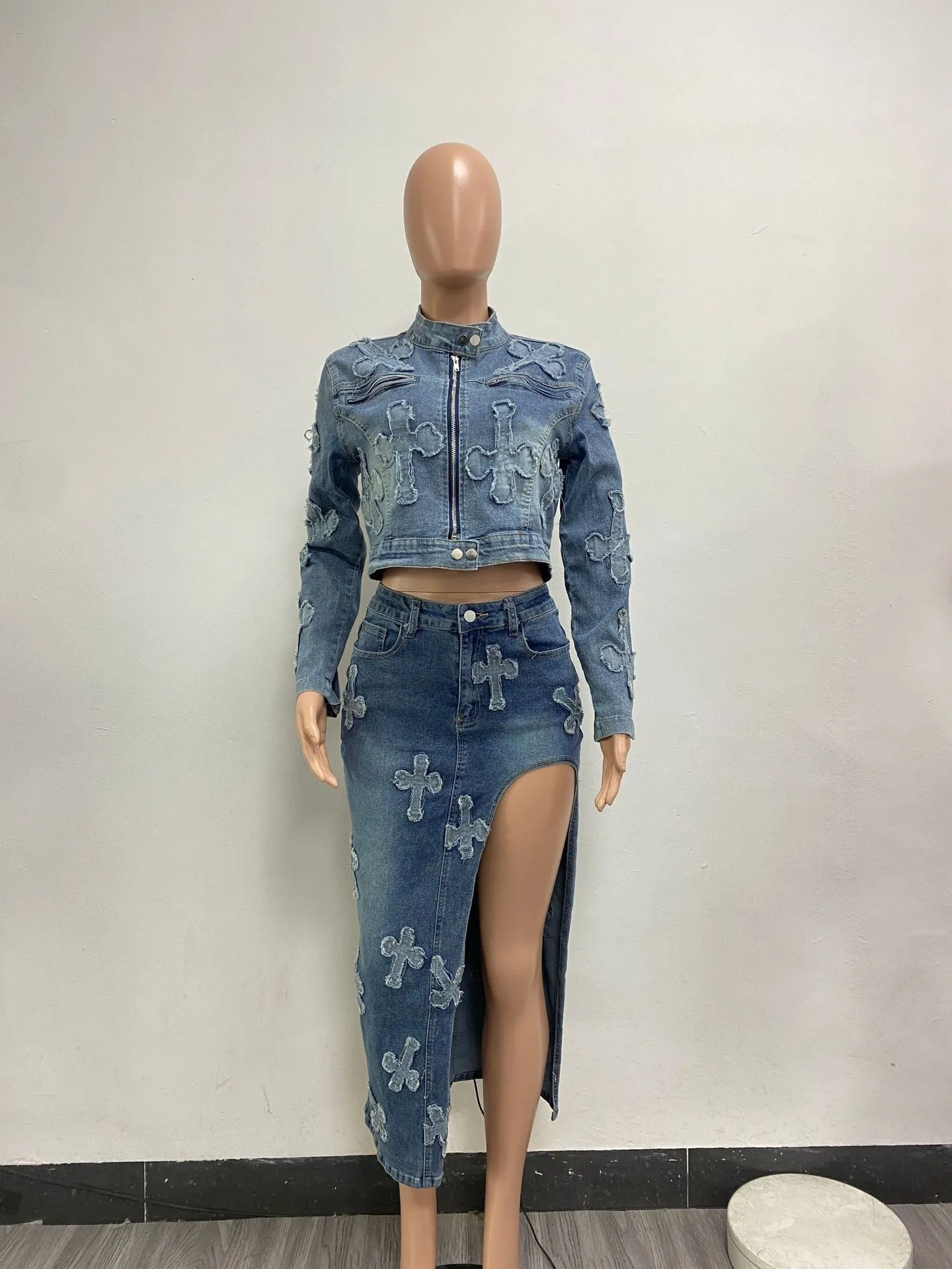Women’s Embroidered Washed Denim Skirt Top Set