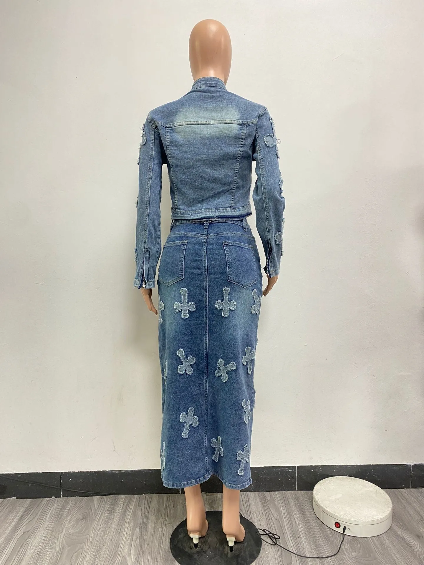 Women’s Embroidered Washed Denim Skirt Top Set