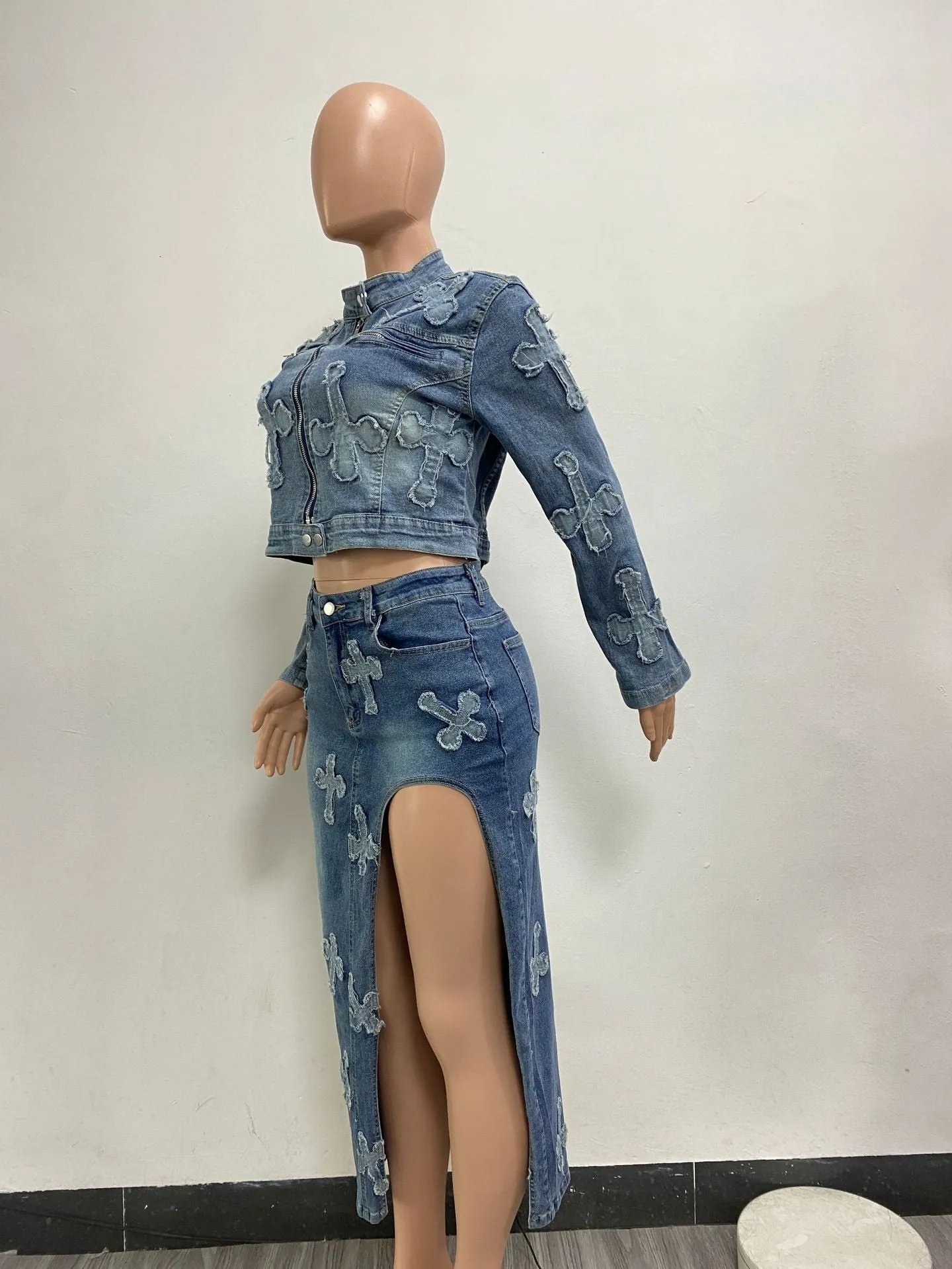 Women’s Embroidered Washed Denim Skirt Top Set