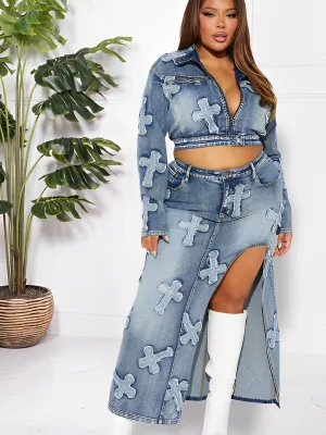Women’s Embroidered Washed Denim Skirt Top Set